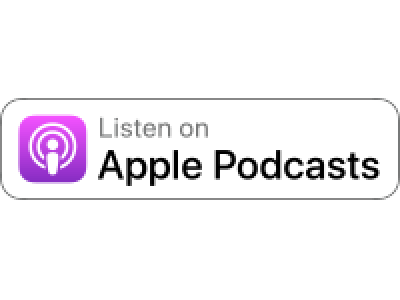 White button stating "Listen on Apple Podcasts"