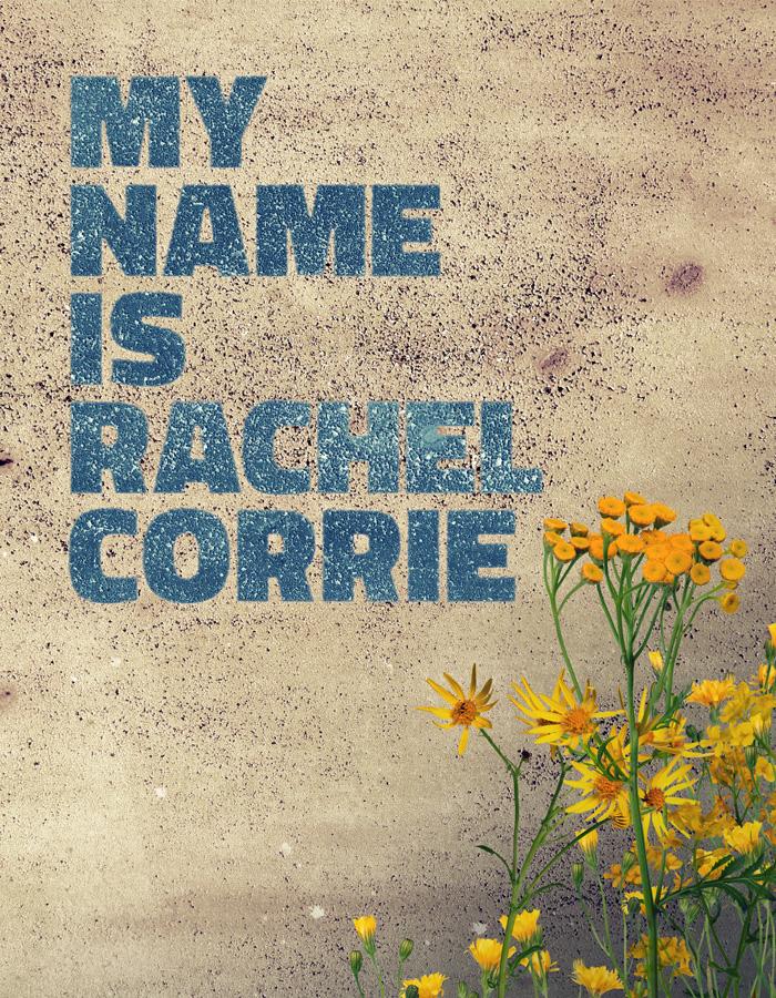 A beige, pock-marked, finely textured wall bares the words 'MY NAME IS RACHEL CORRIE' in a rich sky blue. Wild bright yellow flowers grow in the right hand bottom corner, veiled in shadow. 