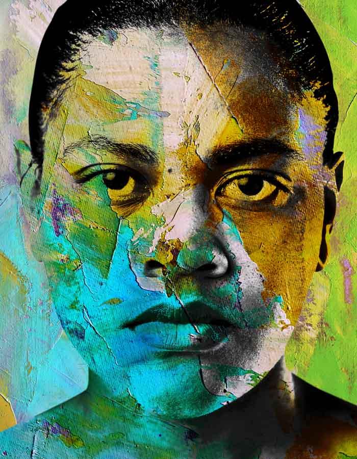 The face of a woman fills the screen, she stares with an intense gaze , her short dark hair scraped back, her jaw set, she could be angry or sad or maybe both. A beautiful mix of greens, blues, yellows wash the entire image. 