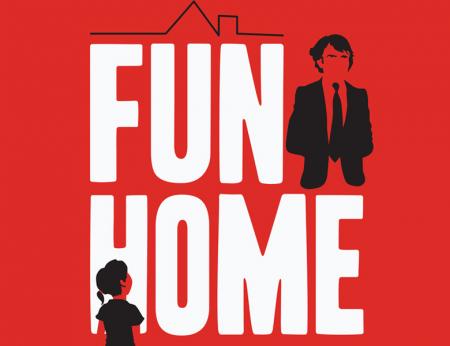 Fun Home banner with illustrated girl to the left looking across the title to a father figure on the right.