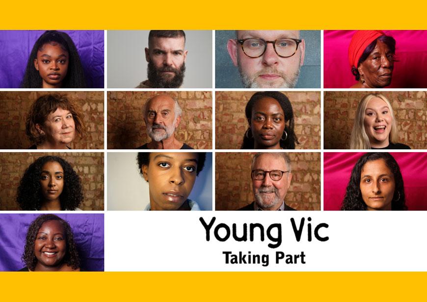 3 rows of headshots of actors alongside the Young Vic Taking Part logo