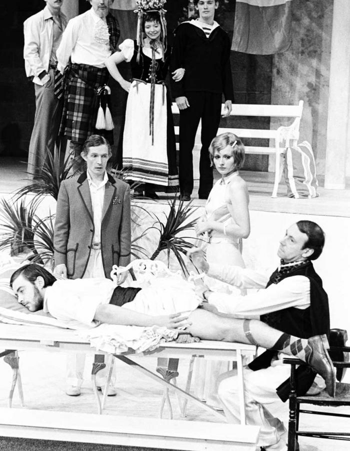 Ian Charleson (rear left) in FRENCH WITHOUT TEARS by Terence Rattigan, directed by Frank Dunlop in 1973