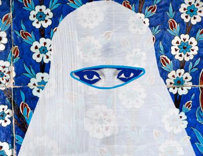 animated/cartoon image of a women in a hijab against a blue and white floral background